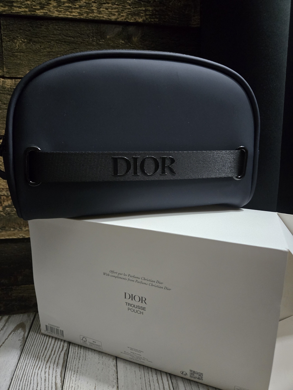 Dior Matte Black Embossed Logo Travel Pouch
